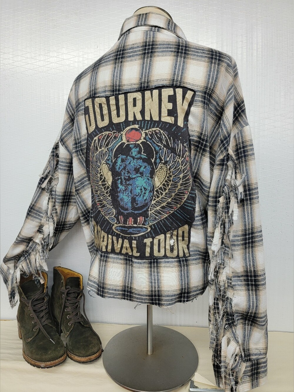 Journey 'Arrival Tour' Plaid Fringe Flannel Shirt  Jacket Shacket - Upcycled - Picture 5 of 9